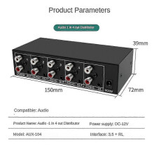Stereo audioverdeler 1 ingang 4 uitgangen voor thuisbioscoopinstallatie