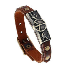 Lederarmband mit Friedenssymbol – Verstellbares Armband aus Rindsleder für Punk-Fans