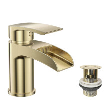 Ronde wastafelkraan met afvoer voor Symphony Waterfall in geborsteld messing afwerking