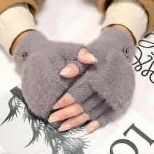 Winter Gloves Knitted Plush Half Finger Flip Gloves Female Winter Students Cold-proof Warm Gloves
