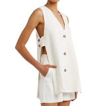 Cotton Sets for Women 2 Piece Side Button Down V Neck-White S