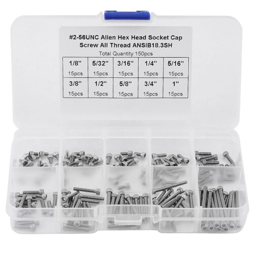 150 Piece Socket Head Cap Screws Assortment, 9 Sizes, with Plastic Box, #2-56 UNC