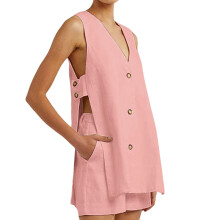 Cotton Sets for Women 2 Piece Side Button Down V Neck-Pink M