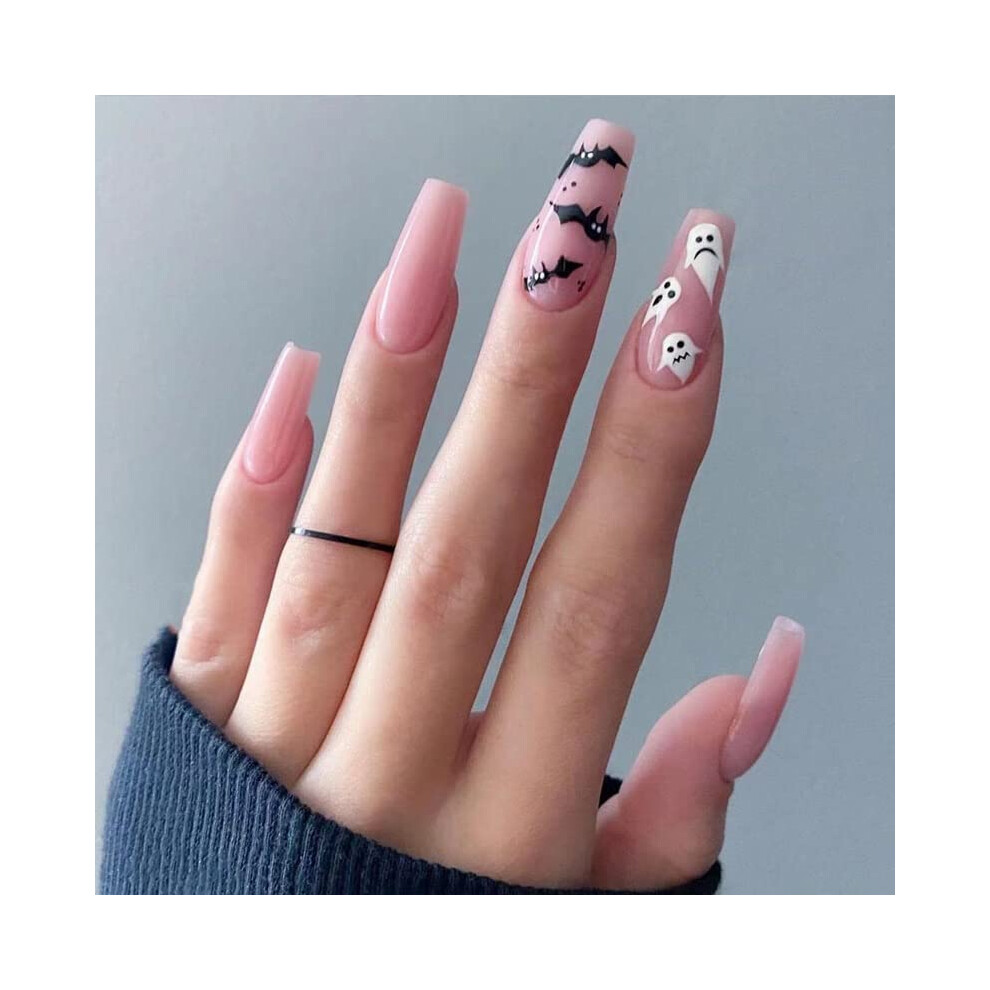 Pink Halloween Press On Coffin Nails - Long Acrylic Glue On False Nails Tips Set, Glossy, 24Pcs