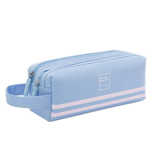 Double Compartment School Pencil Case with Handle, Large Capacity - Light Blue 1