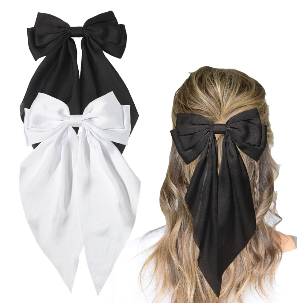 Furling Pompoms Black/White Hair Bow Clips Hair Bow Hair Bow Big Satin Hair Bow Barrette Alligator Clips Long Tail Hair Accessories For Women Girls Te