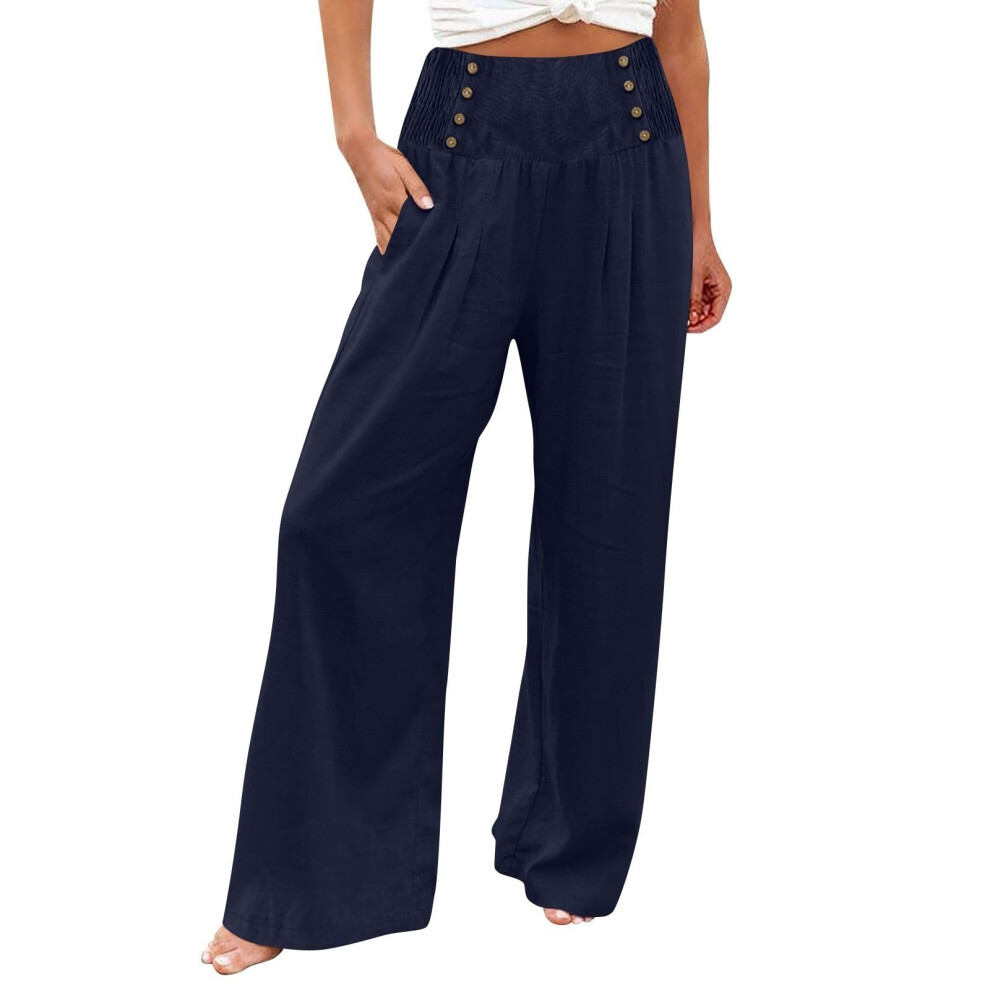 Women's linen wide-leg trousers, summer bohemian-Navy Blue L