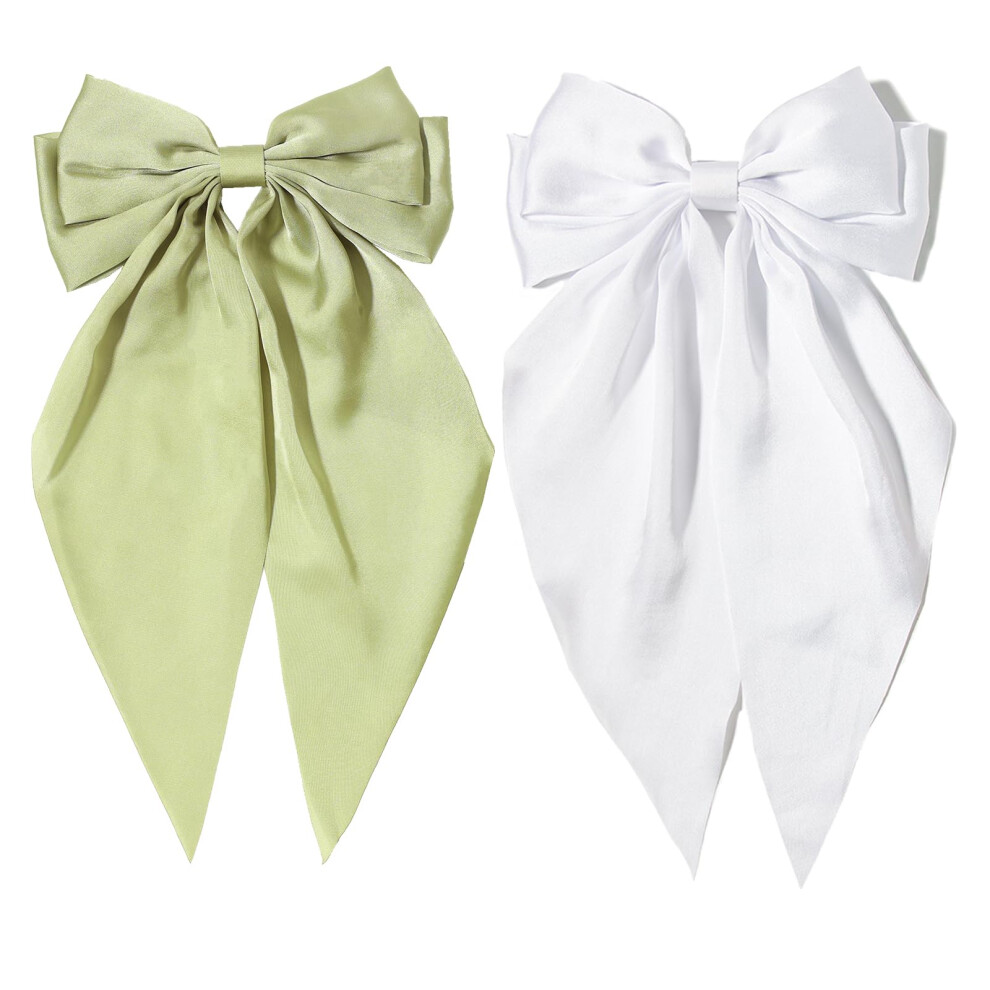 Furling Pompoms White/Green Hair Bows Clips For Women, Bows Clip For Hair Bows Hair Barrette Spring Clips Long Tail Alligator Clips Bow Hair Accessorie