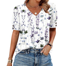 Women's Short Sleeve Button-Down V-Neck Shirts rSets -Purple S