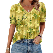 Women's Short Sleeve Button-Down V-Neck Shirts-Yellow XXL