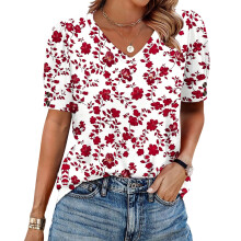 Women's Short Sleeve Button-Down V-Neck Shirts rSets -Red XXL