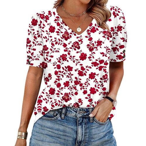 Women's  Short Sleeve Button-Down V-Neck Shirts rSets -Red XXL