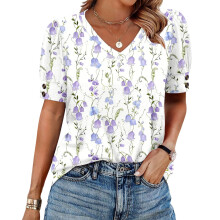 Women's Short Sleeve Button-Down V-Neck Shirts rSets-White XXL