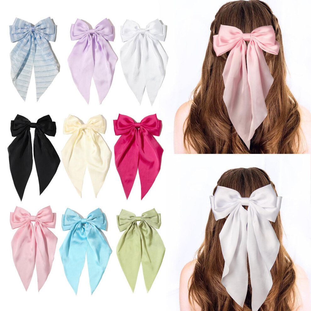 Furling Pompoms Pink/White Hair Bows Clips For Women Large Bows For Girls Hair Ribbon For Hair Satin Long Tails With Alligator Clips Big Hair Bow Hair