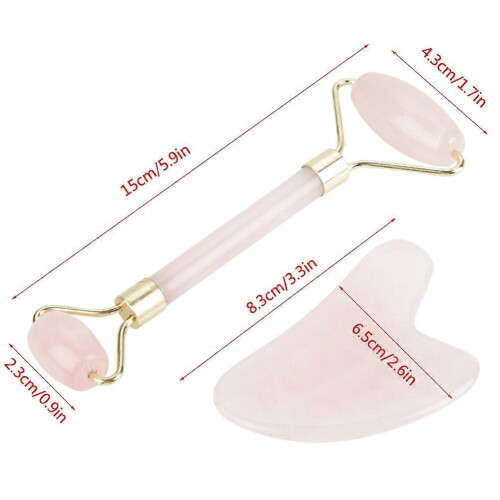 Natural Double Head Rose Quartz Jade Stone Roller & Scrapping Plate Face Massage Tool Kit 2