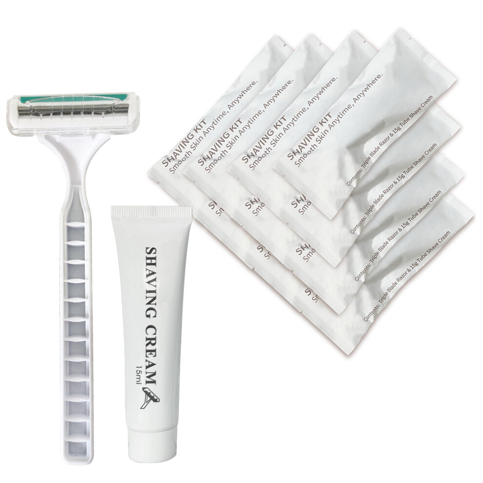 Yumcute Home 50 Pack Shave Kit In Bulk 3 Blades Shave Disposable Razor With Protective Cap 12G Cream Individually Wrapped Paper Box For Hotel,Airbnb, Homeless,Shel