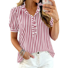 Women's ruffled V-neck button-down short-sleeved shirt,-Red L