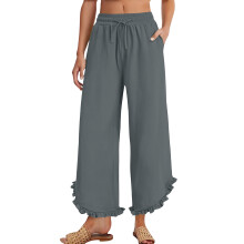 Women's linen wide-leg trousers with pleats, ruffled-Gray XL