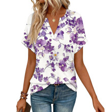 Women's Short Sleeve V-Neck Blouses, Work Blouses,-Fuchsia S
