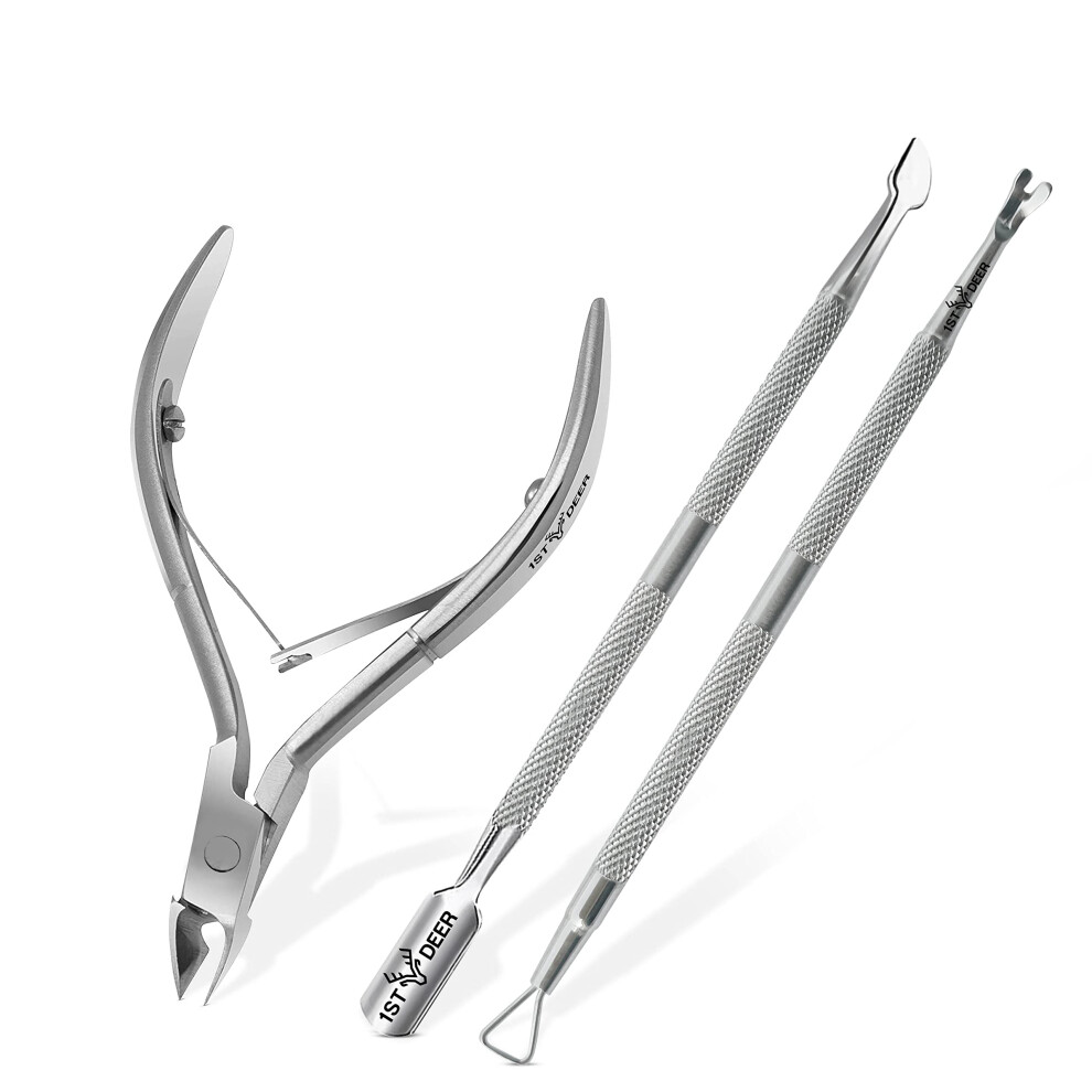 1St Deer Cuticle Cutter, 3 Pcs Cuticle Nipper Pusher And Fork, Stainless Steel Nail Cuticle Scissors Clippers And Scraper
