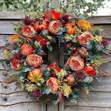 Artificial Fall Wreath – Rustic Pumpkin Rose Berry Design