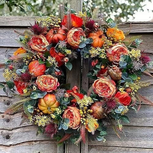 Artificial Fall Wreath – Rustic Pumpkin Rose Berry Design