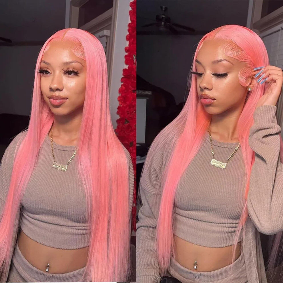 Origen Pink Lace Front Wigs With Baby Hair For Black Women Human Hair Pre Plucked Straight Colored 13X4 Lace Frontal Glueless Wig 38 Inch 180% Density