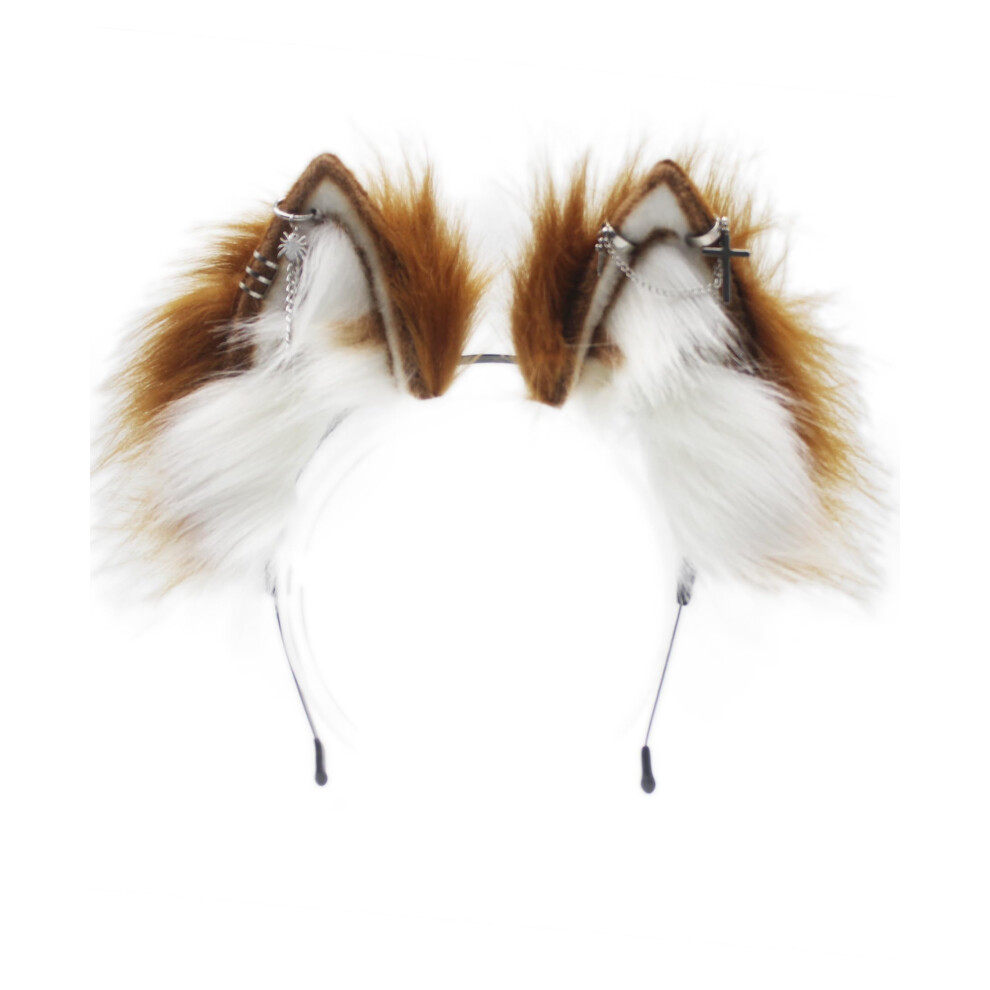 Cofowo Unisex White,Brown Cat Fox Wolf Ears Headband,Furry Ears, Wolf Ears Cosplay Costume, Halloween Christmas Animal Cosplay (Brown White)