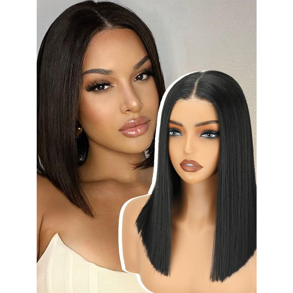 Nostalgia Nostlagia Glueless Wigs Pre Plucked Pre Cut For Beginners Synthetic Lace Front Wigs For Women,Black Wig For Women 14 Inch Short Bob Lace Hairline Midd