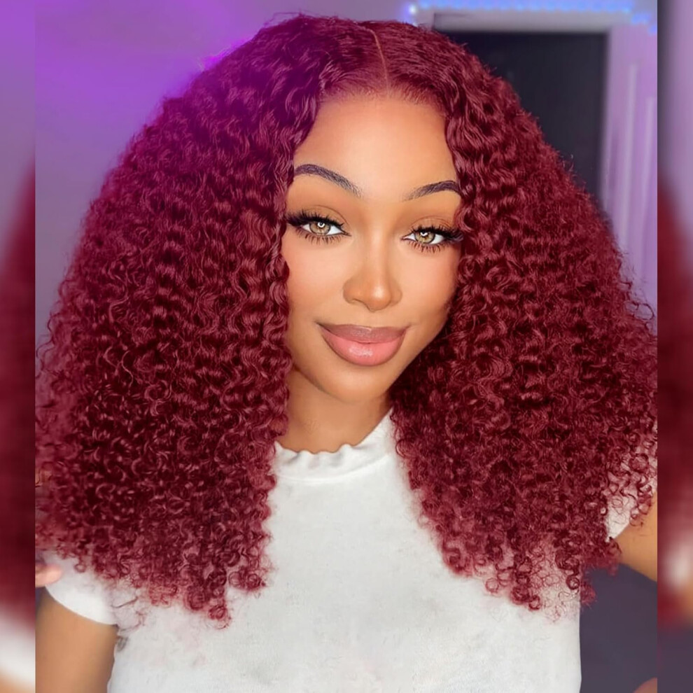 Flower Shadow 16Inch 99J Burgundy Water Wave Lace Front Wigs Human Hair Deep Curly Short Bob Wig Human Hair Pre Plucked 200% Density Lace Frontal Wigs For Black Wom Black,Red