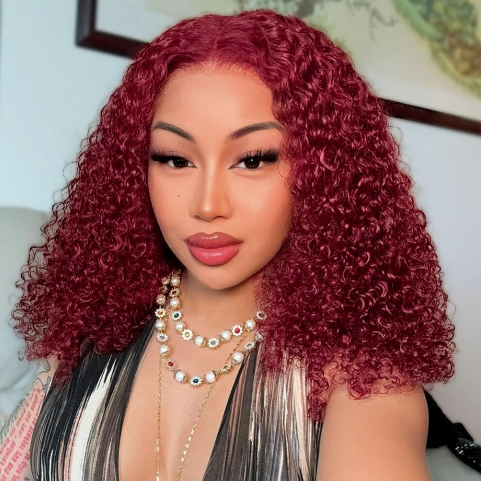 Flower Shadow 14Inch 99J Burgundy Water Wave Lace Front Wigs Human Hair Deep Curly Short Bob Wig Human Hair Pre Plucked 200% Density Lace Frontal Wigs For Black Wom Black,Red