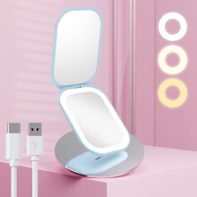 Benbilry Ljust Kompakt Resemirror med 3 Färgade Lampor, 1X/3X Förstorande, Laddbar, Fickmirror