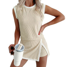 2 Piece Sets for Women Outfits Ribbed Knit Top-Apricot XXL