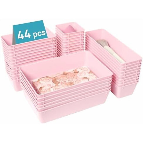 44-Piece Drawer Organizer Set – 4 Sizes, Non-Slip, Pink