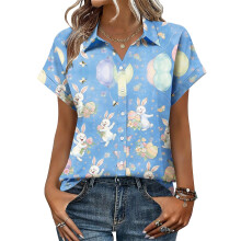 Women's Button-Down Shirts, Short Sleeve, V-Neck,-Blue M