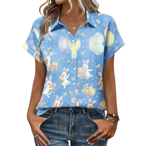 Women's Button-Down Shirts, Short Sleeve, V-Neck,-Blue M