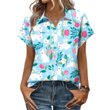 Women's Button-Down Shirts, Short Sleeve, V-Neck,-Sky Blue L