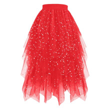 Women's Elegant A Line Tulle Skirt Glittering Sequins-Red XL