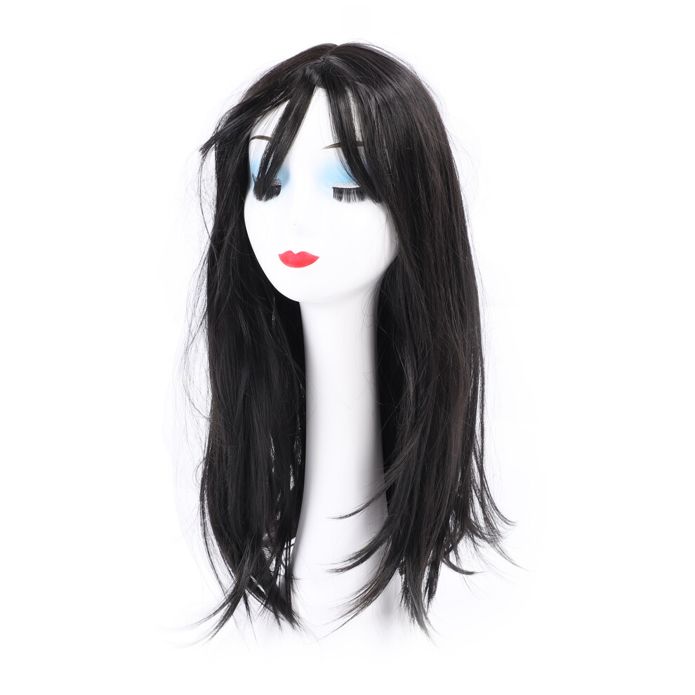 Unisex Black Long Straight Wig With Air Bangs - Synthetic