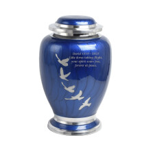 Cremation Urn for Adult Ashes Large Aluminium Funeral Memorial Urn with Custom Engraving Blue Bird Design