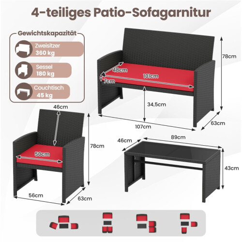 Rattan-Gartenmöbelset mit Kissen - Rot 1