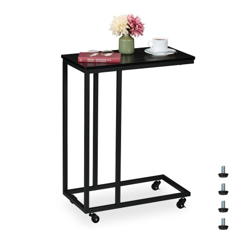 C-Shaped Side Table with Wheels, Metal and MDF