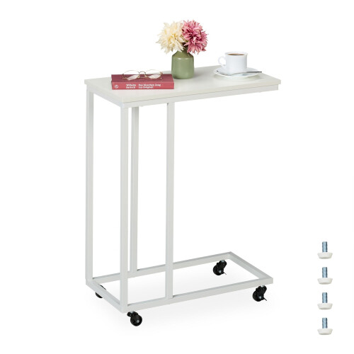 C-Shaped Side Table with Wheels, Metal and MDF