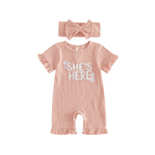(Newborn, Pink) Baby Girl 2Pcs Summer Outfits Short Sleeve Round Neck Floral Embroidery Jumpsuit with Headband Set