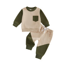 (18-24 Months, Army Green) Toddler Baby Boy Winter Fall Outfits Contrast Color Long Sleeve Sweatshirt and Jogger Pants 2 Piece Set