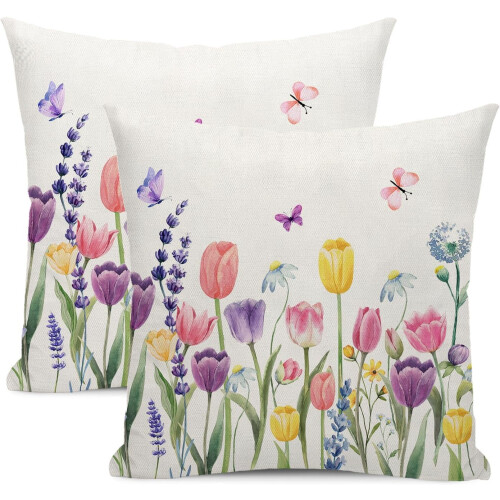 Fodere per cuscini in lino 40x40 cm, set da 2, lavanda e tulipano