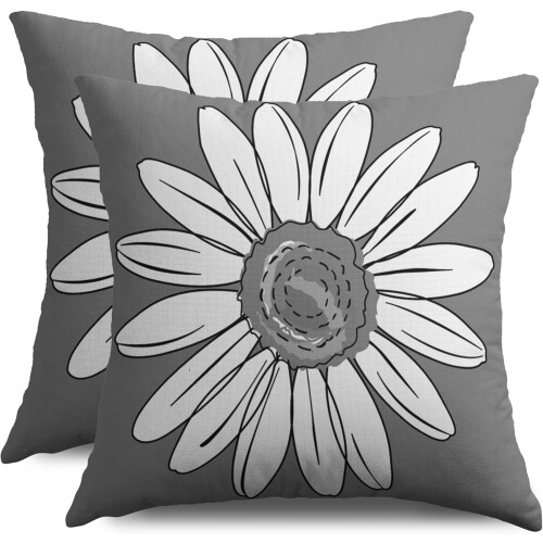 Conjunto de 2 capas de almofada cinza e branca com estampa de margaridas, 45x45cm (18x18 polegadas).