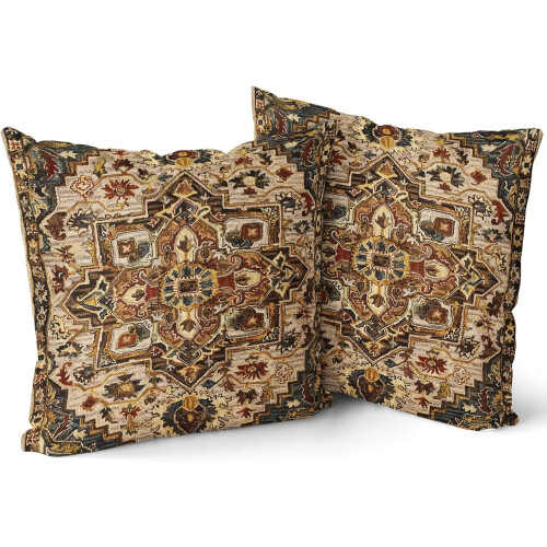 Conjunto de 2 capas de almofada vintage boho em tons de marrom, dourado e vermelho, 50x50cm (20x20 polegadas).
