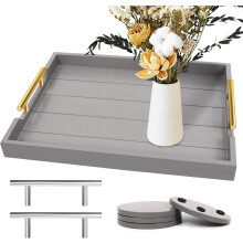 Gray Wooden Serving Tray with Handles and Coasters