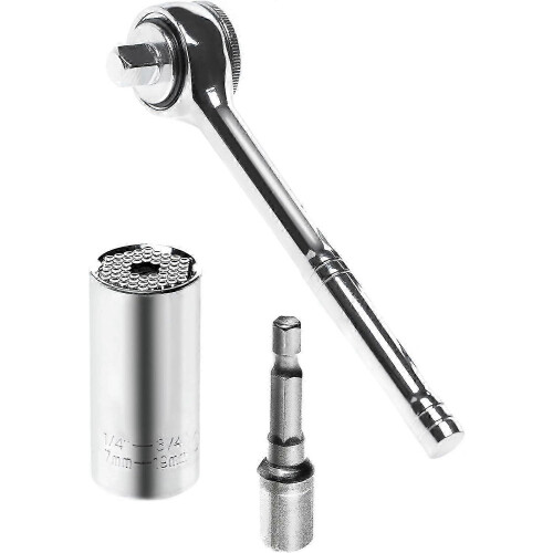Universal socket wrench set - compatible with 7-19 mm nuts - with 3/8 reversible ratchet and power tool adapter